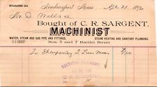CR Sargent Newburyport MA 1896 Billhead Machinist picture