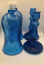 Vintage Italian Empoli Blue Floral Glass Hurricane Candle Holders Set 17.5