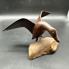 Vintage Hand-Carved Solid Wood Water Bird Carving Figurine Metal Legs Embedded picture