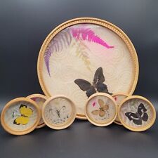 Vintage Bamboo Tray With 6 Coasters Set With Pressed Butterflies And... picture