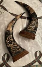 Pair Scrimshaw Decorative 2 Horns” On Wood Base. Black & Gold -Tiger/Dragon-VTG picture