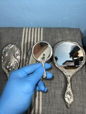 Heavy Vintage Antique Silver Plated Ornate Vanity Hand-Held Mirror and Brush picture