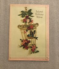 Vintage Happy Birthday Greeting Card Paper Collectible Belated Bird & Cage picture