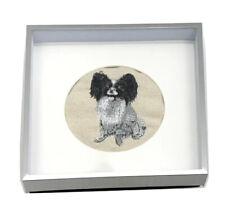 Dog Papillon Embroidered in Oval Silver Frame Cute Art Decor Gift picture