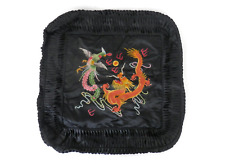Vintage Embroidered Dragons Black Silk w/ Pleated Border Pillow Cover w/Snaps picture
