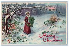 Flint MI Postcard Christmas Pretty Woman With Holly Berries Winter Scene 1914 picture