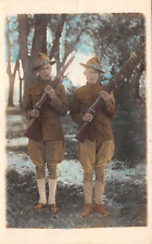 RPPC Two WWI Soldiers with Rifles Hand Tinted Colorized c1918 AZO Postcard picture