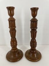 Vintage Handmade Wooden Candlesticks Holders 12.5” Tall picture