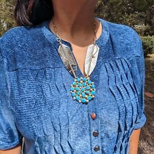 Native American Chain Necklace Handmade Cluster Turquoise Twin large Feathers picture