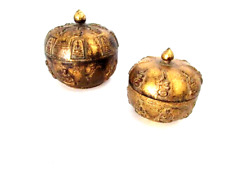 Vtg Two Metal Piece Antique Gold Round Trinket Box 4
