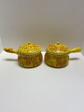 Vintage MCM Ceramic Lidded Fondue Pots Yellow With Orange & Green Speckles picture