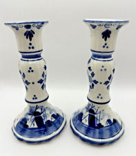Vintage Delft PAIR Candle Stick Holders Blue & White 7.25” Tall Handpainted picture