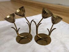 Vtg. MCM Ystad Metall, Sweden pair of double tulip brass candlesticks. picture