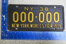 New York License Plate Sample NY 1938 Tag # 000-000 38 World's Fair 1939 39 picture