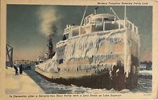 Sault Ste Marie Ice Covered Freight Ship Davis Lock Michigan Vintage Postcard picture