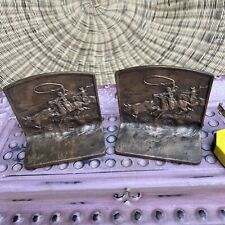 ANTIQUE AMERICAN WILD WEST COWBOY HORSE COW CATTLE CAST IRON STATUE BOOKENDS picture
