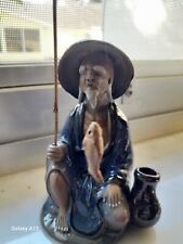 Chinese Fisherman 1950s  Old Wise Man Clay Pottery Figurine Fishing VTG picture