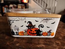 Halloween Bread Box With Knife Pumpkin Black Cat Ghost Bats Graveyard picture