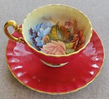 AYNSLEY Signed JA Bailey Red w/ Hand Painted Cabbage Rose Teacup & Saucer RARE picture