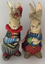 Set Of (2) Vintage Papier-mâché Rabbits Bunny 6” Christmas Easter Ornaments picture