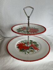 VTG Westmoreland Glass Co. 2 Tiered Stand Poinsettia & Holly Berry Christmas. picture
