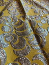 Vintage 60s MCM Brocade Floral Metallic Blue Yellow Fabric Remnant 12 Ft (4 Yds) picture