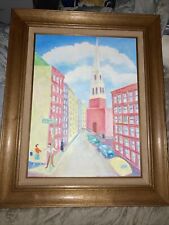 Vintage Boston Street Scene Old North Church Oil On Canvas Painting Signed 31x25 picture