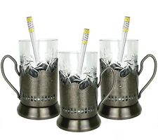 9-pc Set Russian Tea Glass Holders Podstakannik & Cut Crystal Glasses & Spoons picture