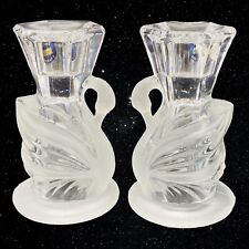 Pair Of 24% Lead Crystal Frosted Clear Swan Candlestick Holders 3”T 2.25”W picture
