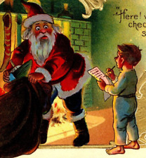 C.1910 SANTA SURPRISED, KID CHECKING CHRISTMAS ORDER HUMOR GILT Postcard P31 picture