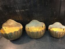 Vintage Set Of 3 Scalloped Brass Wall Planters-Graduating In Size picture