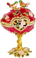 Bejeweled Red Faberge Egg Hinged Metal Enameled Crystal Trinket box-Birds picture