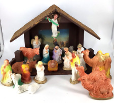 Vintage Nativity Wooden Manger Creche Stable with 19 Chalkware Figures picture