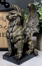 Ebros Lion Gargoyle with Griffin Wings Crouching On Pedestal Statue 6.5