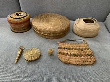 Unknown Age Lot of 7 Basket Weave Woven Items Baskets Miniatures Vase Purse picture