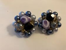 VINTAGE ESTATE  PURPLE AND BLUE BEAD CLUSTER  clip on earrings picture