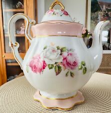  Vintage porcelain china pink and white tea pot floral rose romantic picture