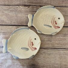 Pair VTG Ceramic Japan Sad Fish Plate 11 X 9” Blue Fins Sushi White Pink Scales picture