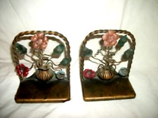 ANTIQUE FRENCH BRONZE TOLE BOOKENDS HP FLOWERS URN 1920s HAMMERED BASE RARE picture