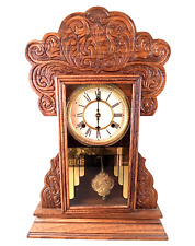 Antique WATERBURY Carved Oak Victorian Key Wound Striking Shelf Mantel Clock picture