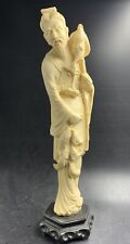 34cm Asian Fisherman Statue - Carved Light Colored Resin Faux picture