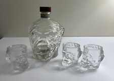 Empty MONKEY HEAD Vodka Bottle Decanter & THREE Monkey Head Shot Glasses picture