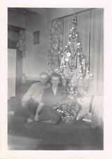 Old Photo Snapshot Man Woman Couple Sitting Beside A Christmas Tree #18 Z19 picture