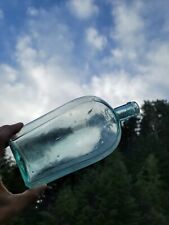 1880's Large Blue Aqua Coffin Whiskey Flask◇Nice Antique Whiskey Liquor Bottle picture