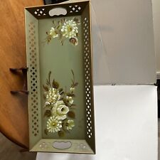 Vintage Nashco Hand Painted Gold  Floral Serving Tray 22” Signed Cutout Handles picture