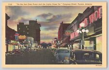Postcard Arizona Tucson Congress Street At Night Cars Shops Curios Vintage Linen picture