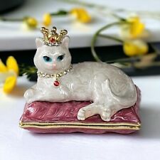 Royal Cat Jeweled Collar & Crown Opalescent Swirl Enameled Hinged Trinket Box picture