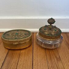 Antique E & J B Empire Art Gold - Green Jeweled Filigree Bronzed Set 2 Piece picture