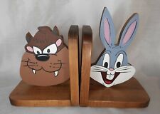Bugs Bunny Tasmanian Devil Hand Crafted Wooden Book Ends Vintage  picture