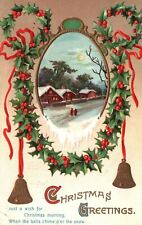 Vintage Postcard 1911 Christmas Greetings And Wishes Bells Landscape Design Card picture
